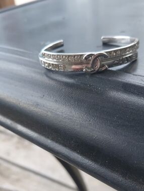 CHANEL Silver Crystal Row Logo Cuff Bracelet